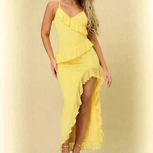 Yellow Boho Women's Solid Color High Slit Halter Neck Dress With Ruffle Hem